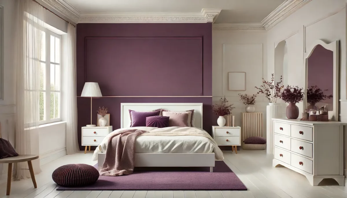 plum and white two colour combination for bedroom walls