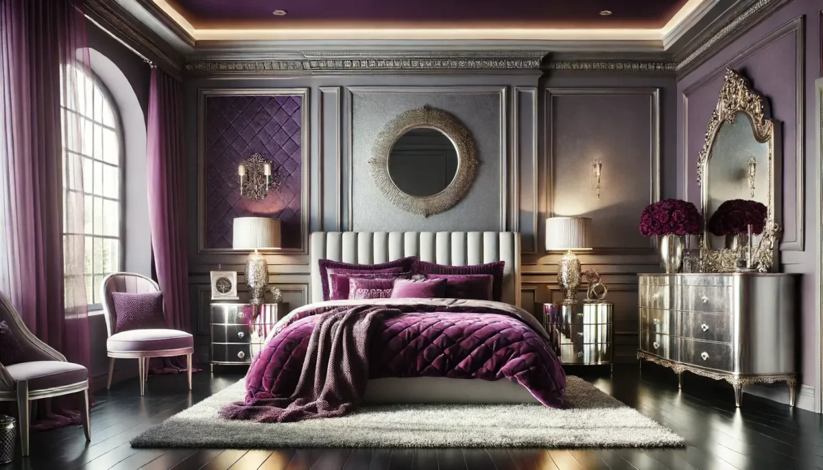 silver and plum purple wall colour combination for the bedroom