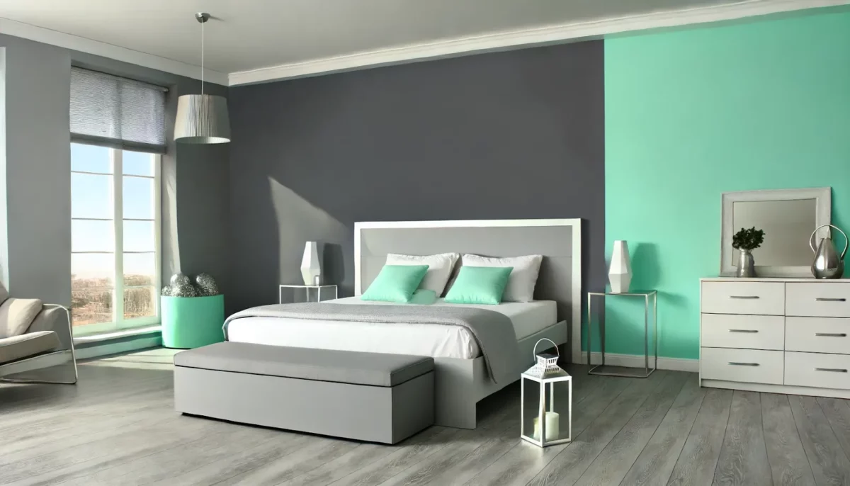 slate grey and mint bedroom wall colour combination