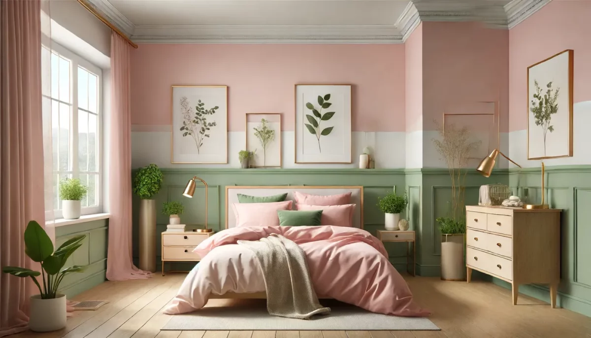 soft pink and sage green wall coolur combination for bedroom