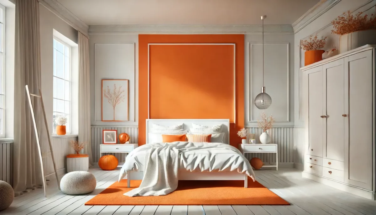 tangerine orange and white colour combination of walls in a room