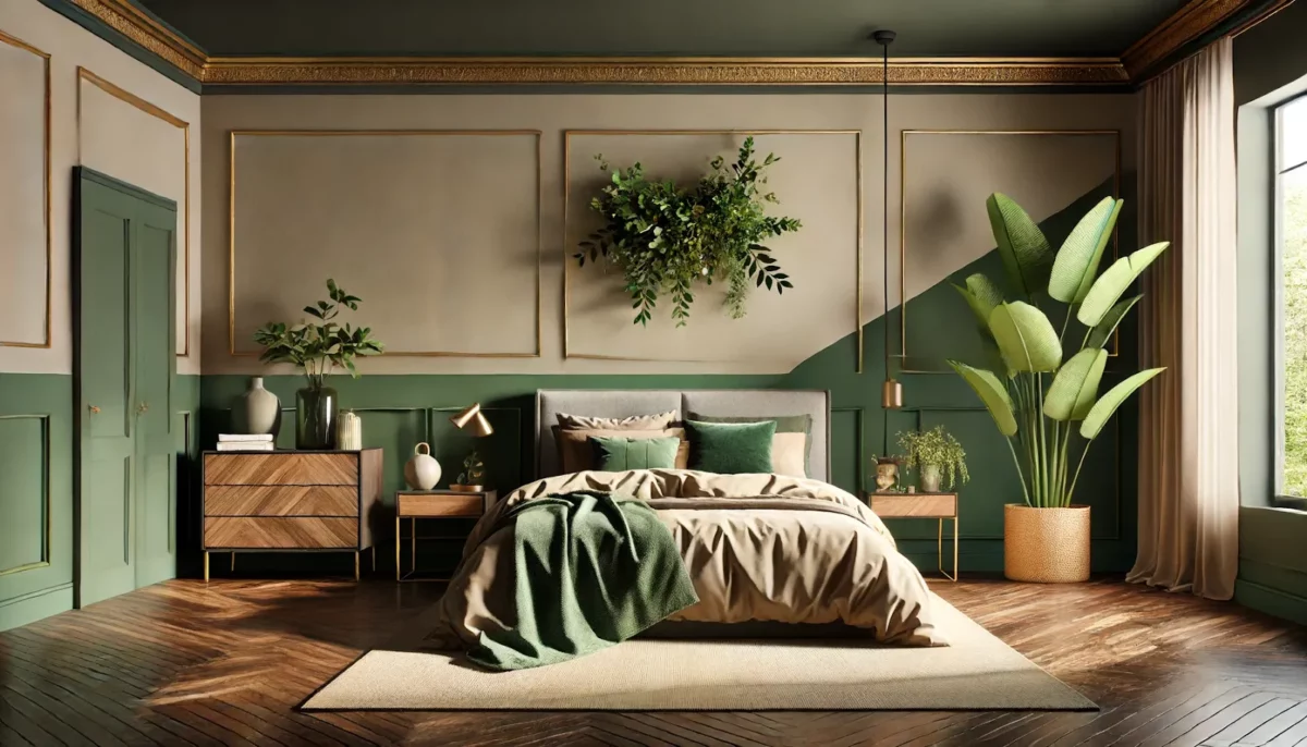 taupe and forest green wall colour combination in bedroom
