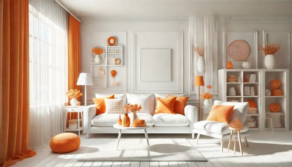 white and orange colour combination living room