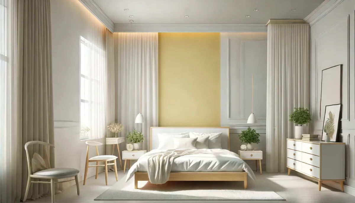 white and pale yellow wall colour combination for the bedroom