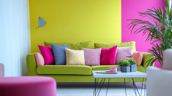 apple green and pink colour combination for sitting room