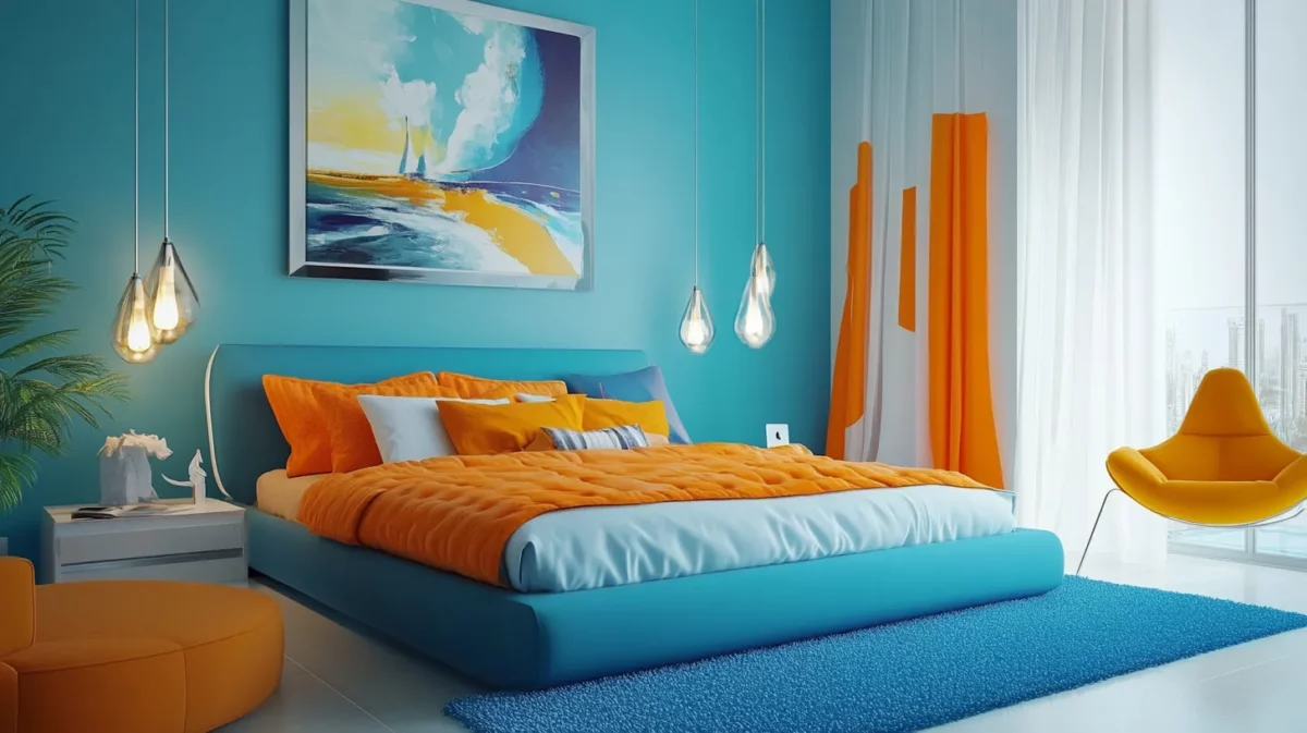 aqua blue and orange bedroom wall colour combination