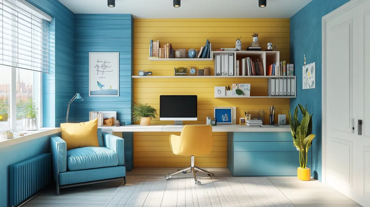 aqua blue and soft yellow study room colour combination