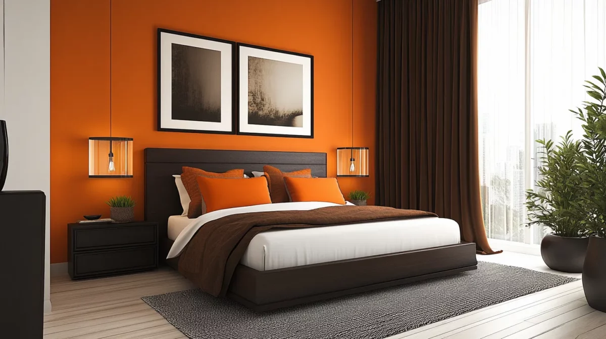 bedroom color combination of orange and dark brown