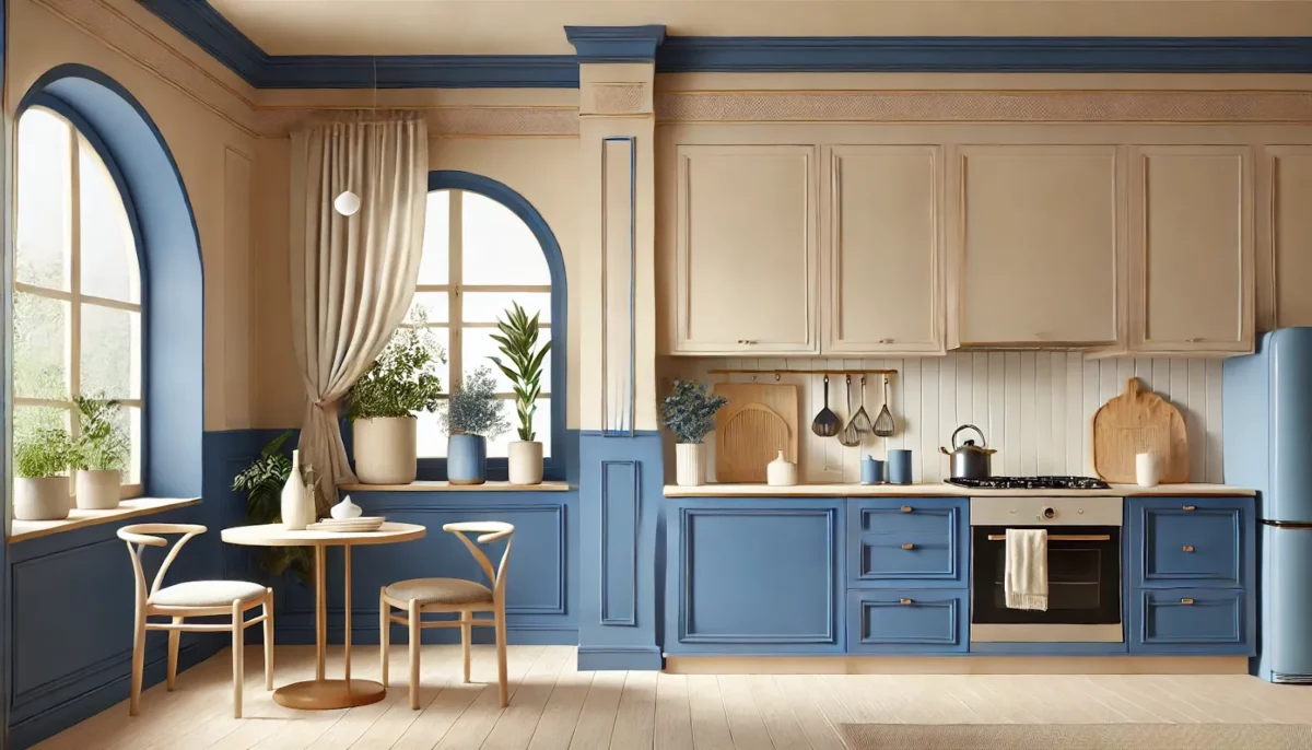 beige and blue kitchen mica colour combination