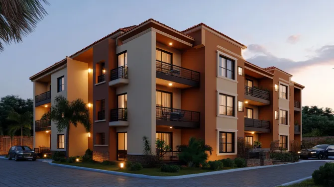 beige brown and terracotta apartment exterior colour combination