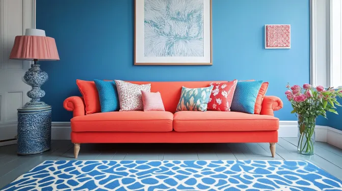 blue and coral colour combination for sitting room