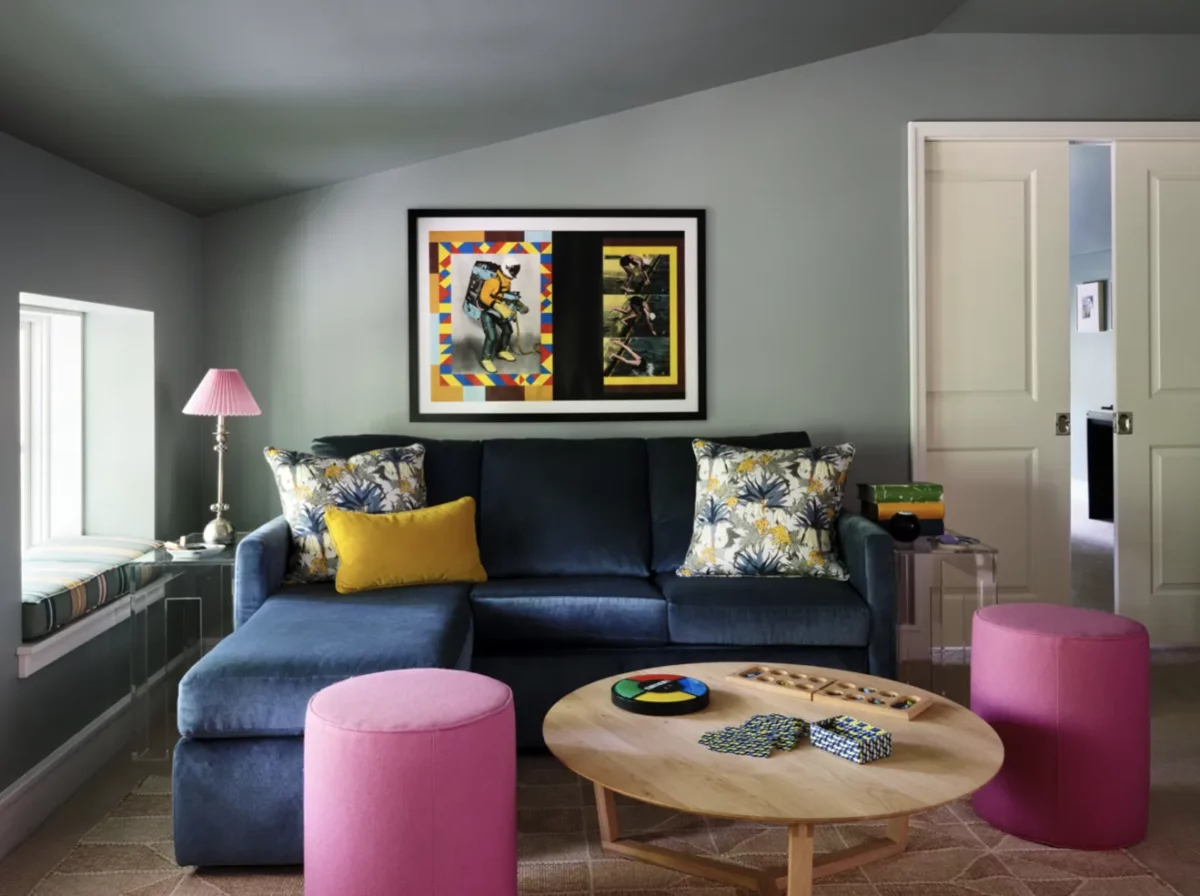 blue black and citron colour combination for sitting room