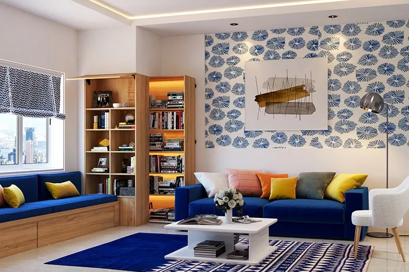 blue white and wood colour combination for sitting room