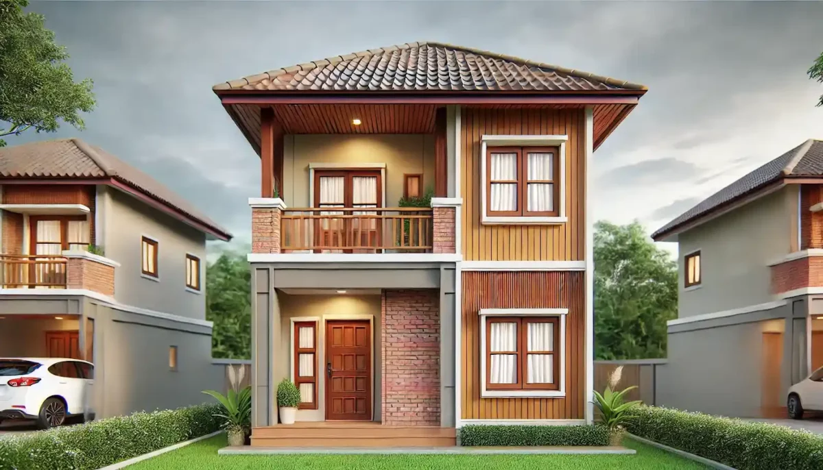 brick and wood combination front design for small house