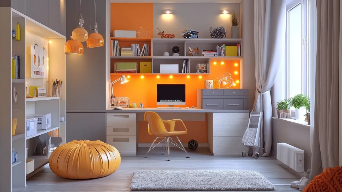 bright orange and light grey study room colour combination