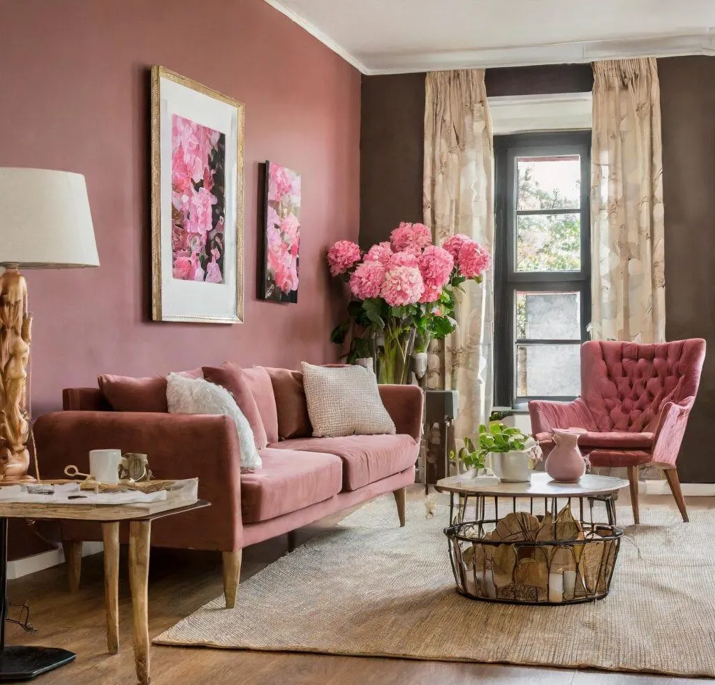 brown and pink two colour combination for living room