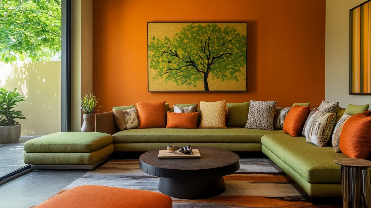 burnt orange and earthy pista green colour combination for living room