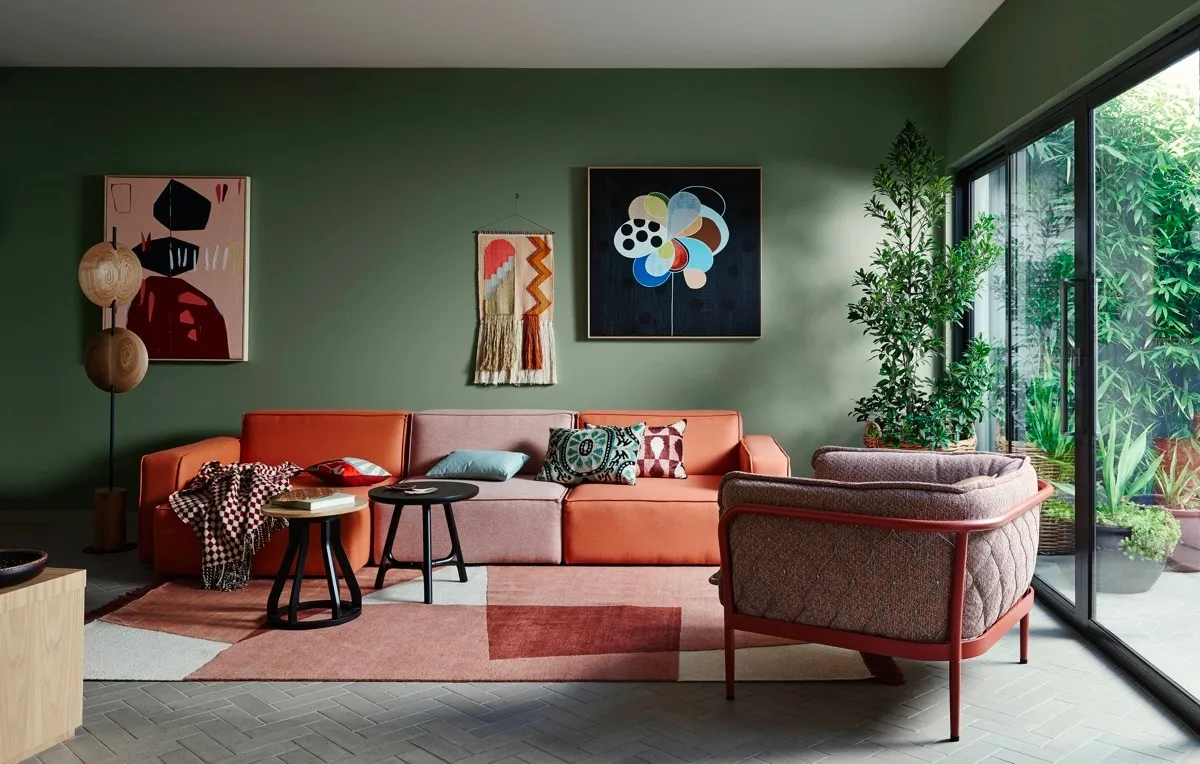 burnt orange and grassy green colour combination for sitting room