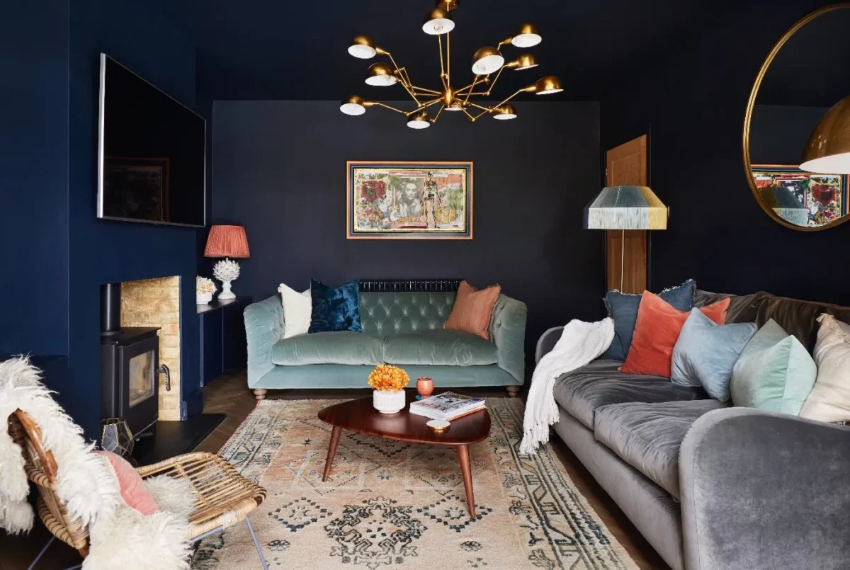 charcoal grey and royal blue two colour combination for living room