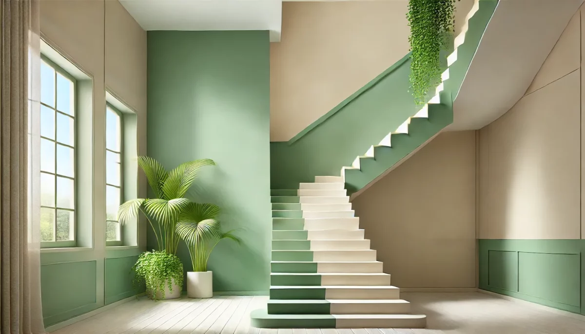 green and beige staircase wall colour combination