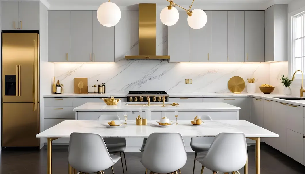 grey gold and white colour combination for kitchen