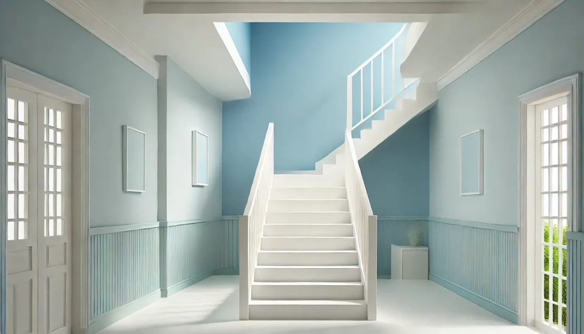 light blue and white colours for stairs wall design