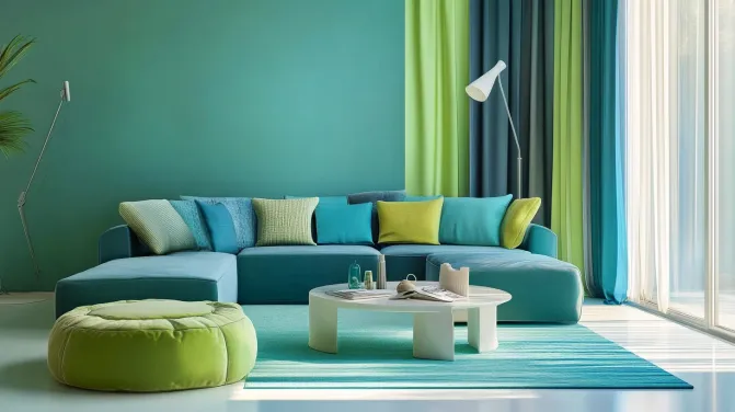 light green and teal two colour combination for living room