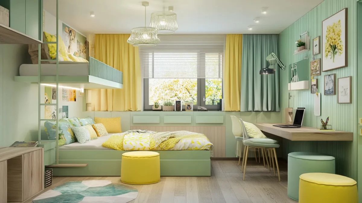 mint green and light yellow study room colour combination