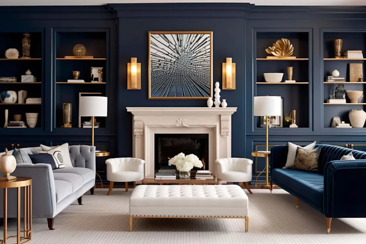 modern drawing room colour with navy blue and gold