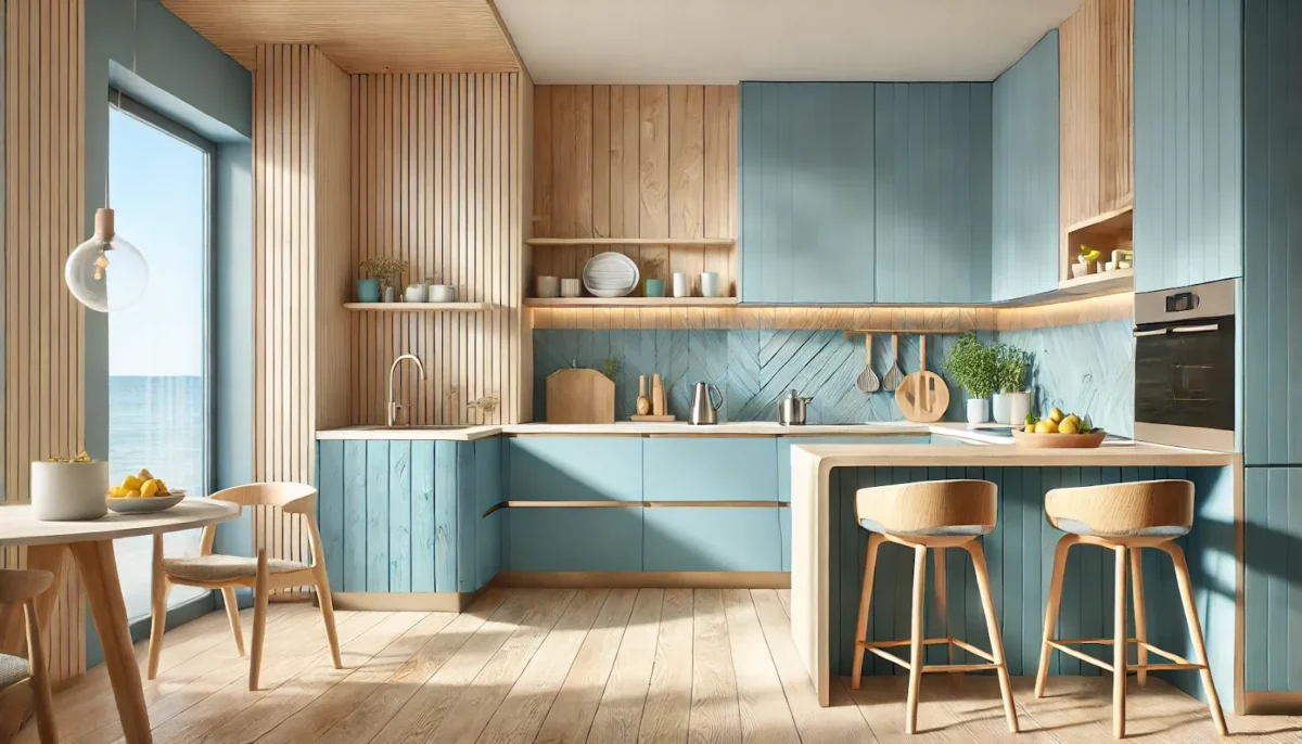 modular kitchen sunmica colours with ocean blue and light wood