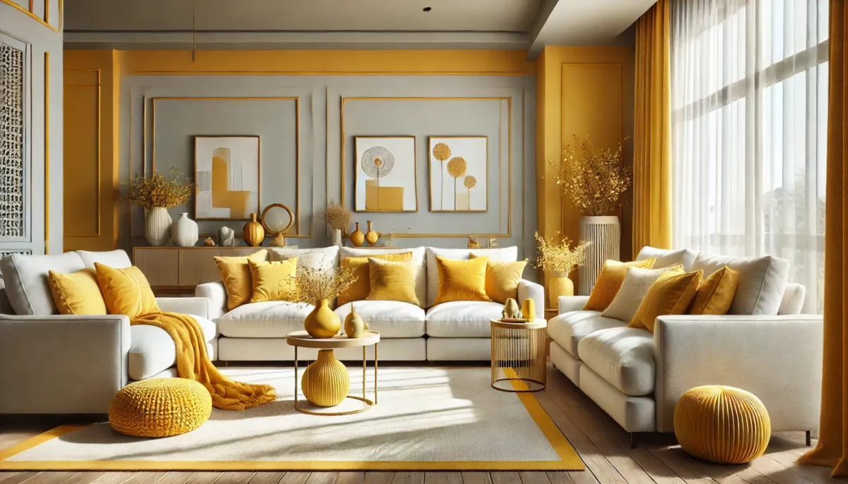 mustard yellow and cream colour combination for living room