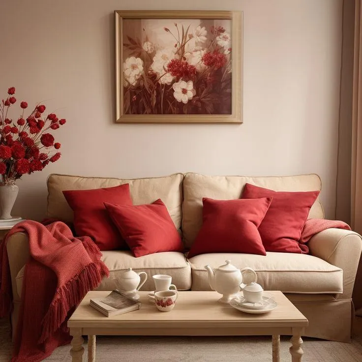 muted red and beige colour combination for living room