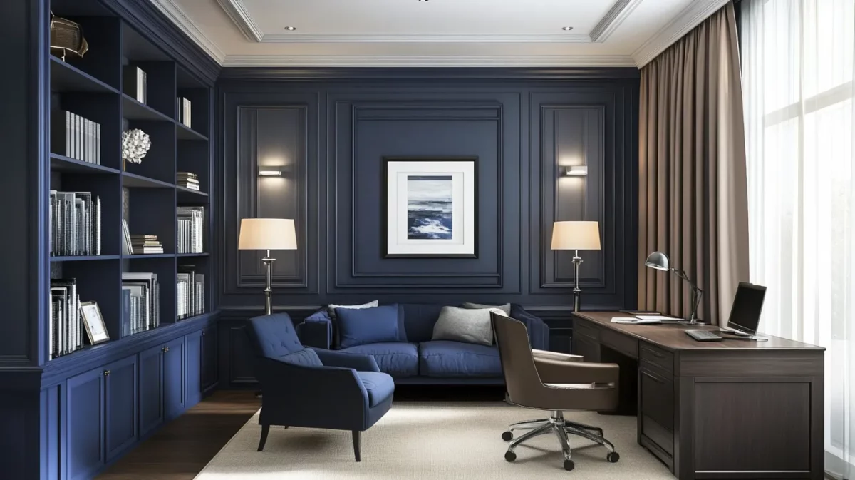 navy blue and light grey study room colour combination