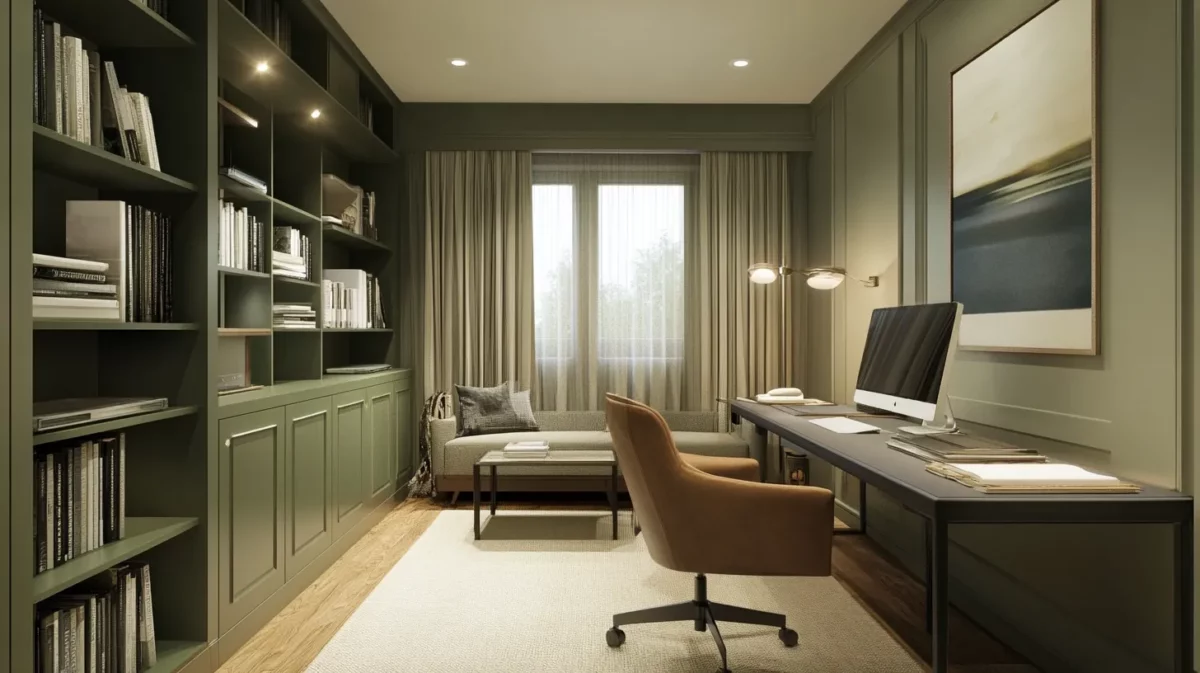 olive green and light grey study room colour combination