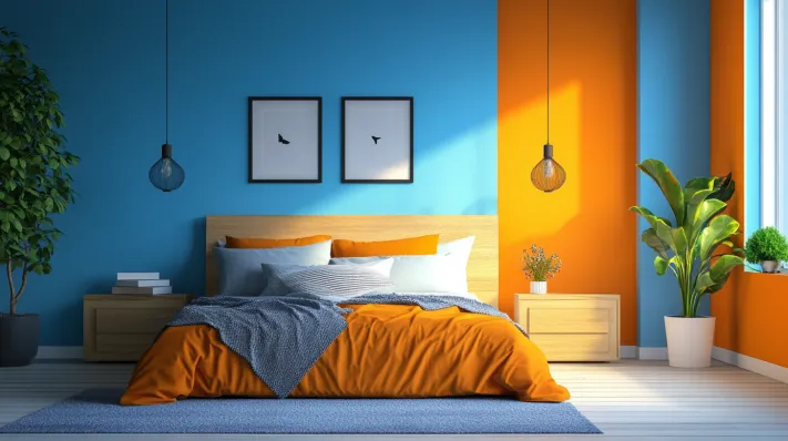 orange and blue colour combination for bedroom walls