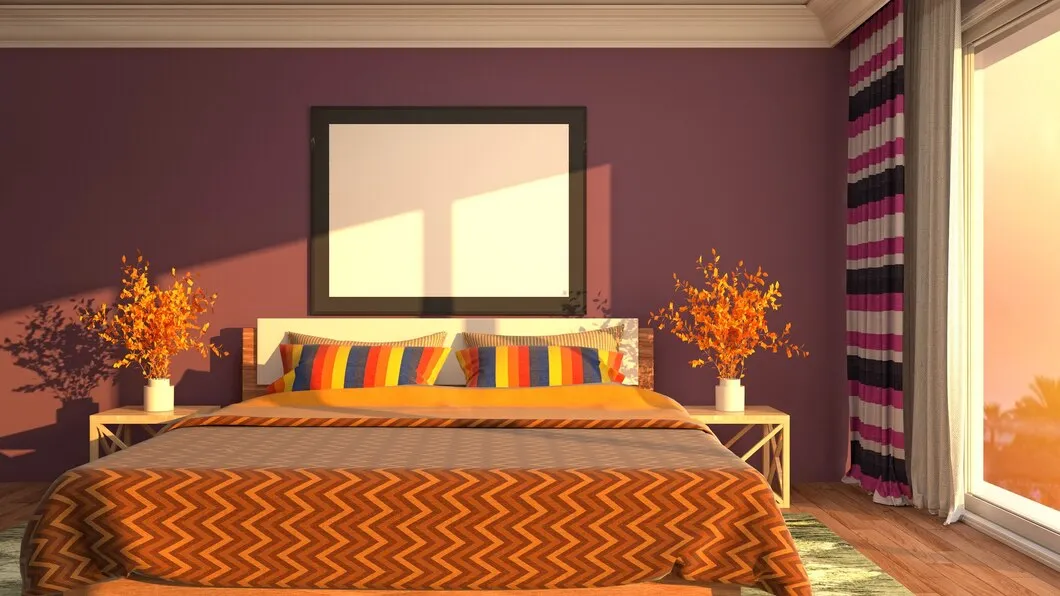 orange and lilac combination for bedroom walls