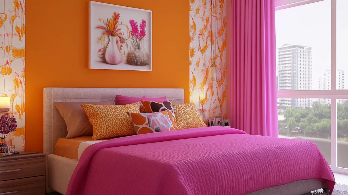 orange and pink two colour combination for bedroom walls