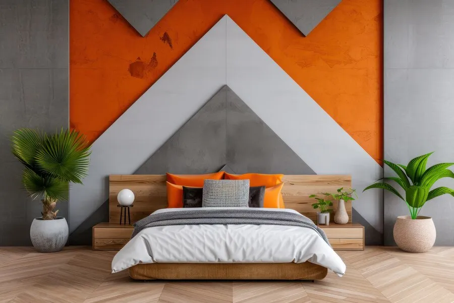 orange and soft grey combination for bedroom walls