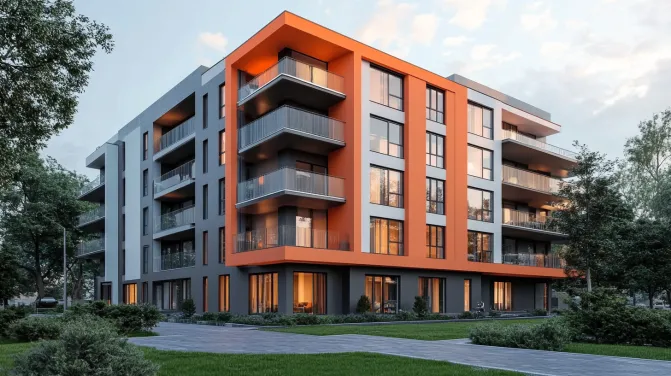 orange based monochromatic apartment exterior colour combination