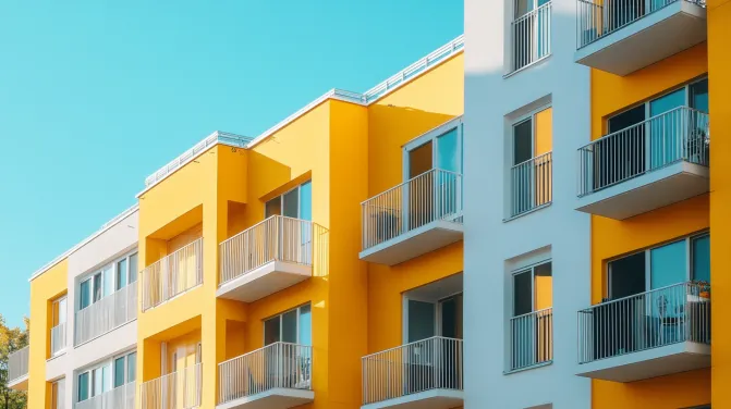 pastel yellow and white apartment exterior colour combination