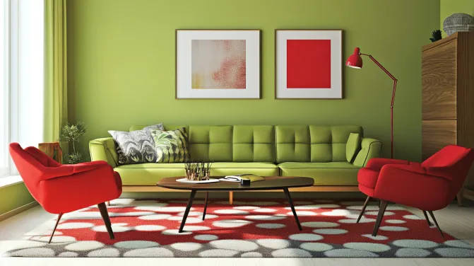 pea green and poppy red colour combination for sitting room