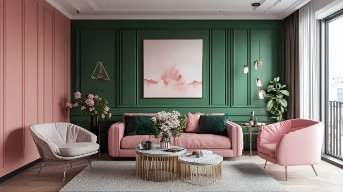 pink and bottle green two colour combination for living room