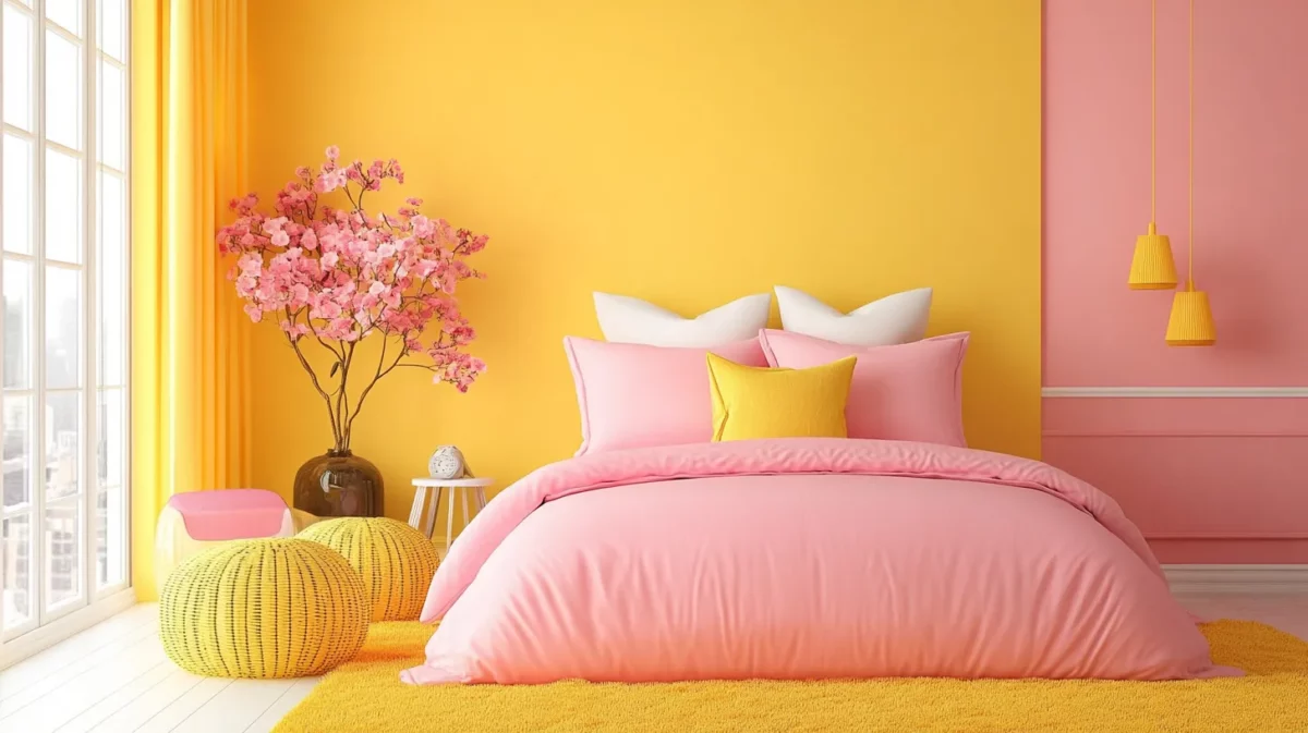 pink and yellow colour combination for bedroom