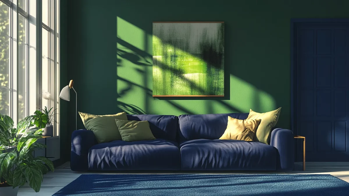 pista green and navy blue wall colour combination for living room