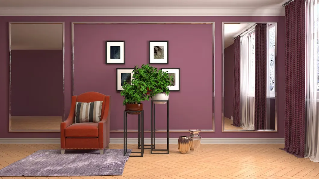 raspberry colour with wooden wallpaper