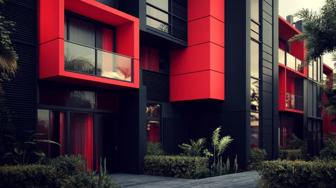 red and black apartment exterior colour combination