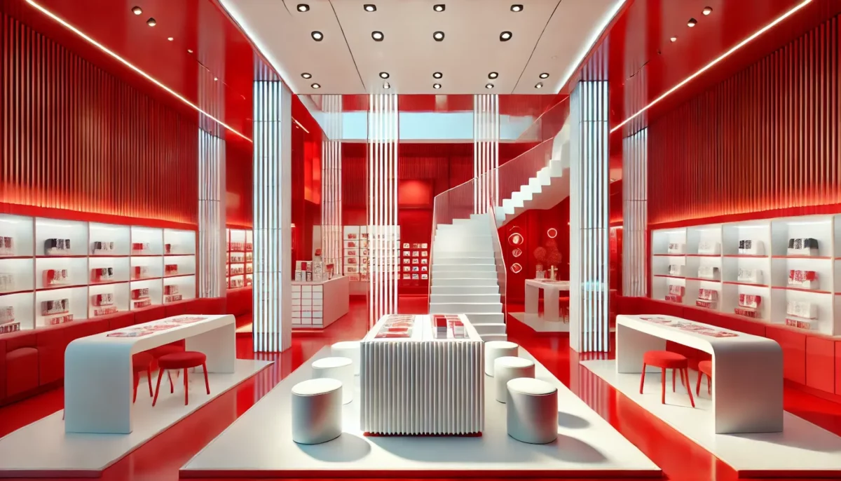 red and white shops sunmica colour combination