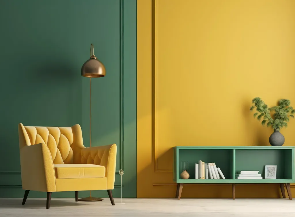 sage green and bright yellow colour combination for living room