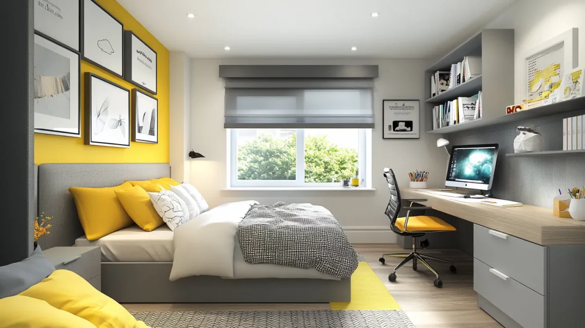 soft grey and pastel yellow study room colour combination