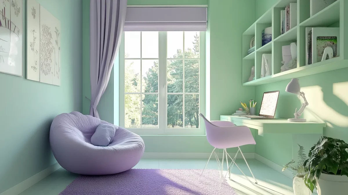 soft lavender and mint green study room colour combination